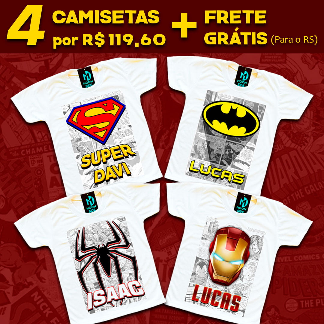 Kit 4 camisetas Super Heróis